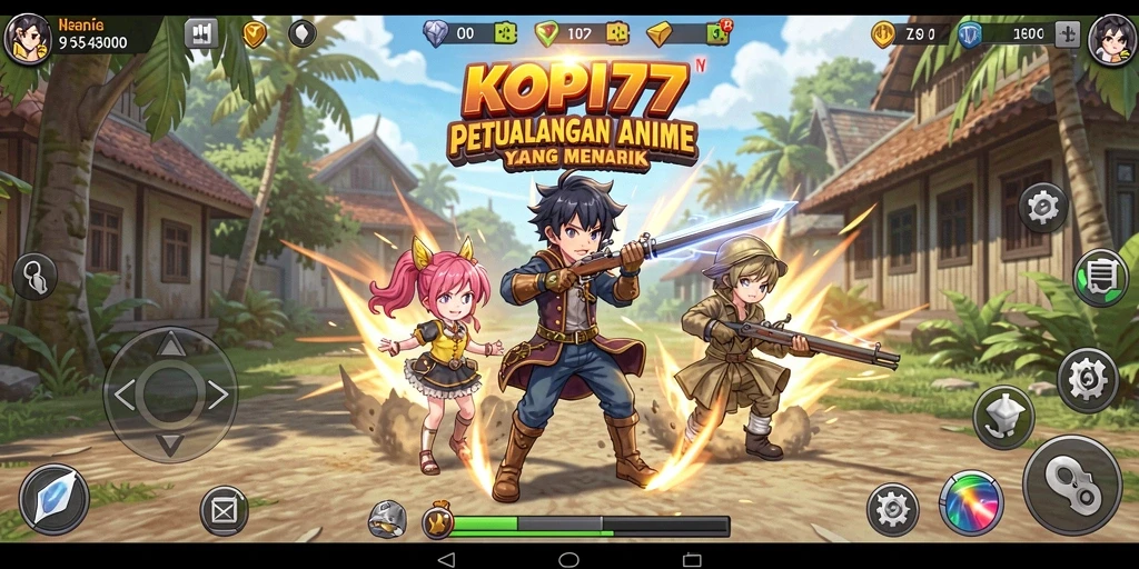 Tampilan gameplay menakjubkan dari KOPI77 dengan karakter anime berwarna-warni.