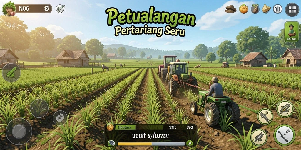 Screenshot menunjukkan pemain yang merawat ladang dengan tanaman hijau dan hewan.