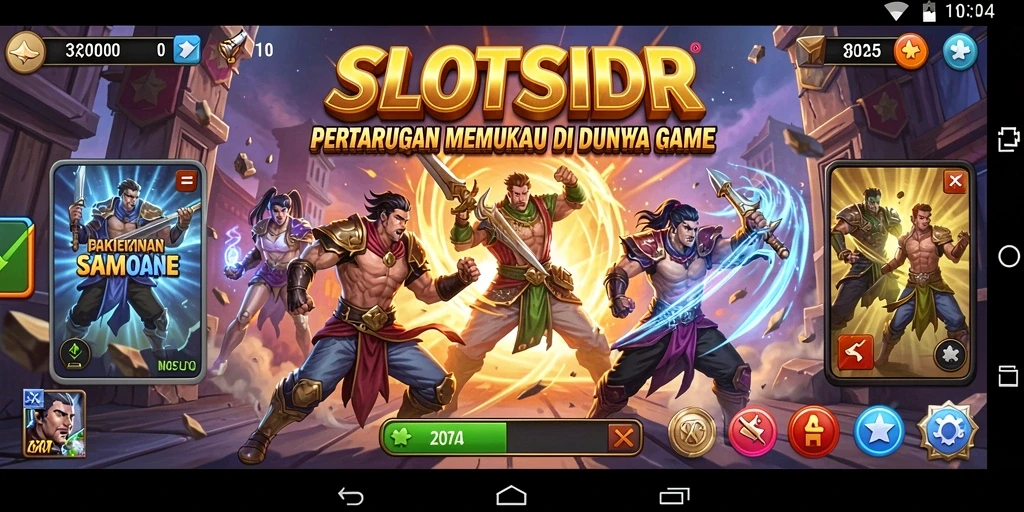 Screenshot utama SLOTSIDR menampilkan pertarungan seru dan karakter yang dinamis.